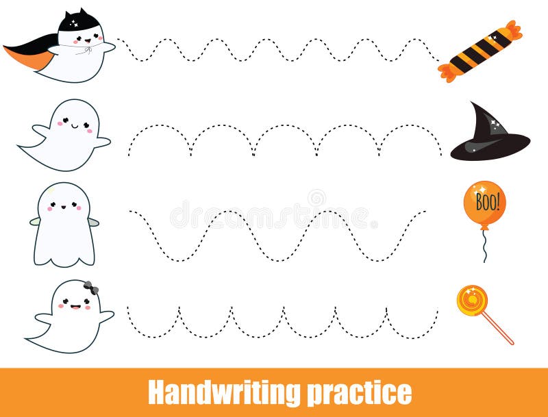 Halloween game. Handwriting practice sheet. early education worksheet for kids and toddlers. Printable Children activity. Connect ghosts with objects