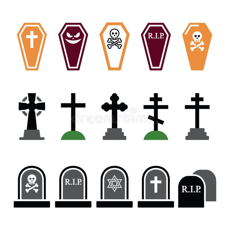 Halloween, geplaatste kerkhof kleurrijke pictogrammen - doodskist, kruis, graf royalty-vrije illustratie Halloween, geplaatste kerkhof kleurrijke pictogrammen - doodskist, kruis, graf royalty-vrije illustratie