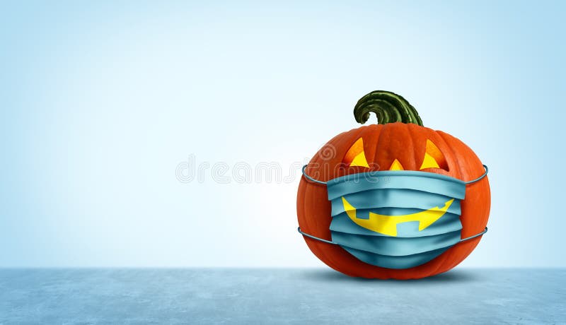 Halloween facial mask as a jack o lantern pumpkin wearing a medical face protection as an autumn symbol for disease control and virus infection and coronavirus or covid-19 safety in a 3D illustration style. Halloween facial mask as a jack o lantern pumpkin wearing a medical face protection as an autumn symbol for disease control and virus infection and coronavirus or covid-19 safety in a 3D illustration style