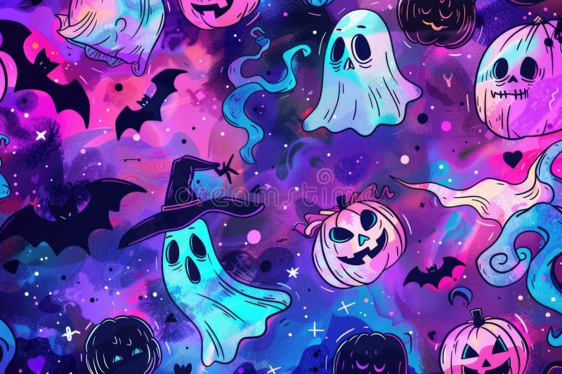 Halloween Gespenster und Kürbis mit Fledermäusen und magischen Schädeln auf lebendigem kosmischem Hintergrund. ai stockfotos
