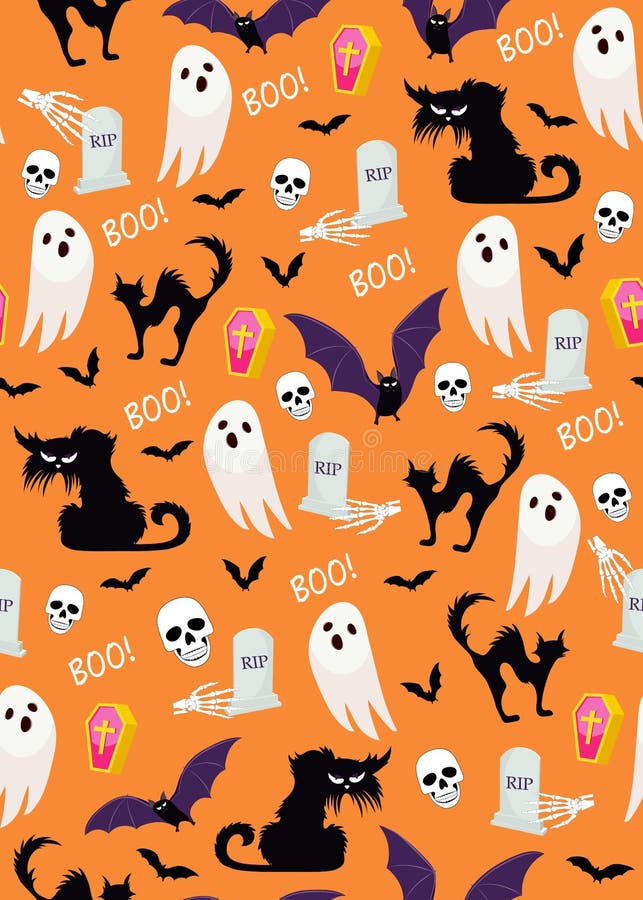 Halloween Spooky Cats Seamless Pattern on Gray Background. Funny Fat ...