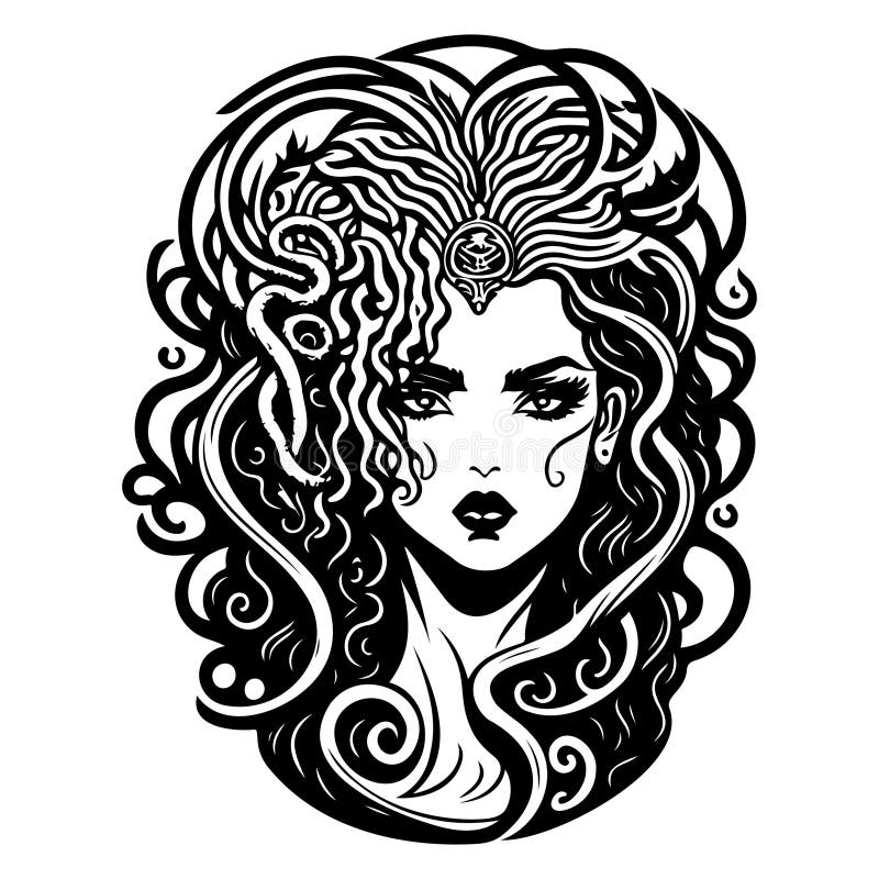 Halloween Girl Medusa with Snake Illustration Sketch Hand Draw Stock ...