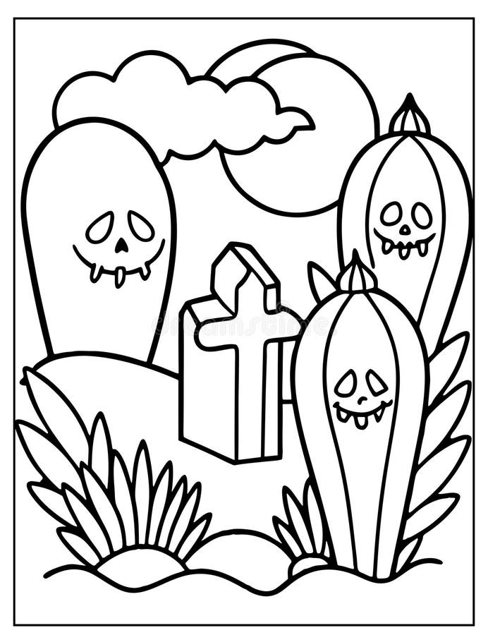 Halloween Graveyard Coloring Page for Kids Stock Vector - Illustration ...