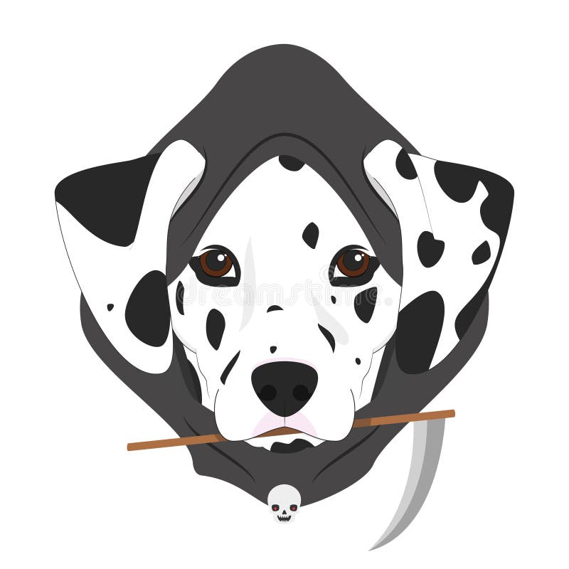 Halloween greeting card. Dalmatian dog dressed with black hood and a small scythe in the mouth vector illustration Halloween greeting card. Dalmatian dog dressed with black hood and a small scythe in the mouth vector illustration