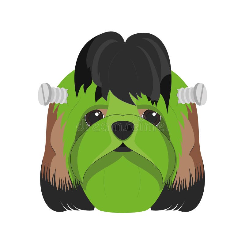 Halloween greeting card. Shitzu dog colored in green and dressed as a monster with screws in the head vector illustration Halloween greeting card. Shitzu dog colored in green and dressed as a monster with screws in the head vector illustration