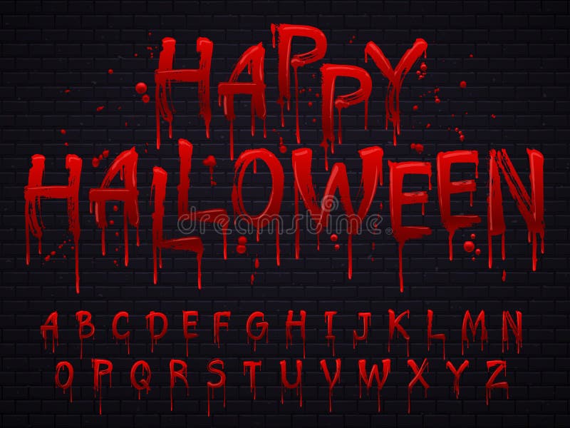 Halloween-Guss Horroralphabet beschriftet schriftliches Blut, furchtsamen Blutguß oder nasses blutiges Zeichen lokalisierte Vekto