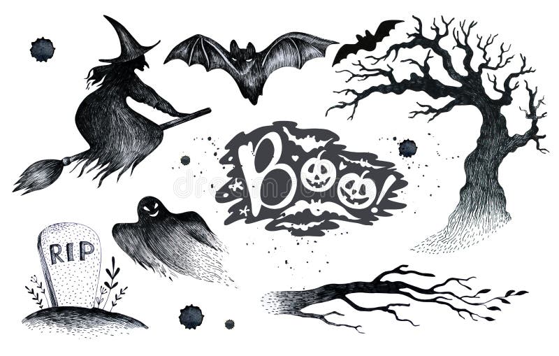Premium Vector, Set halloween drawing of halloween objects in black and  white