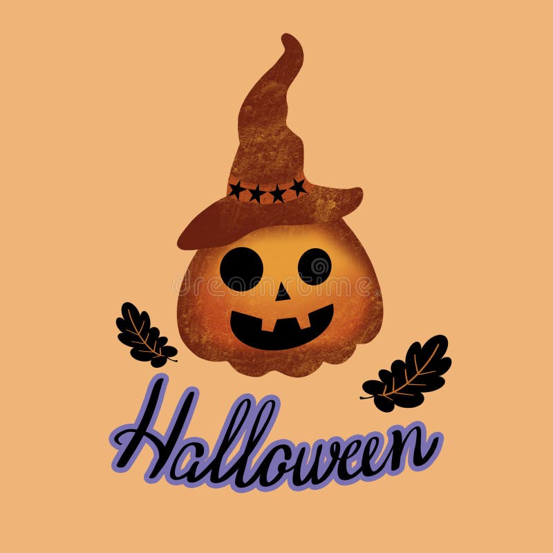 Halloween hand drawn lettering, orange pumpkins, hat and black leaves on light orange background. vector illustration Halloween hand drawn lettering, orange pumpkins, hat and black leaves on light orange background. vector illustration