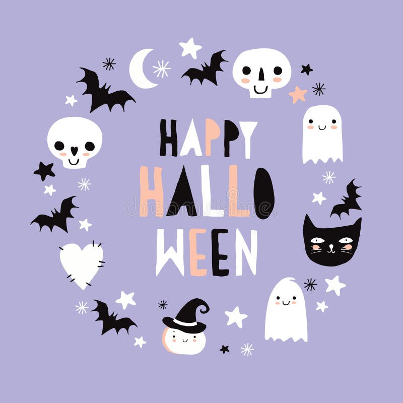 Kawaii Style Decoration for Halloween Party. Happy Halloween Card