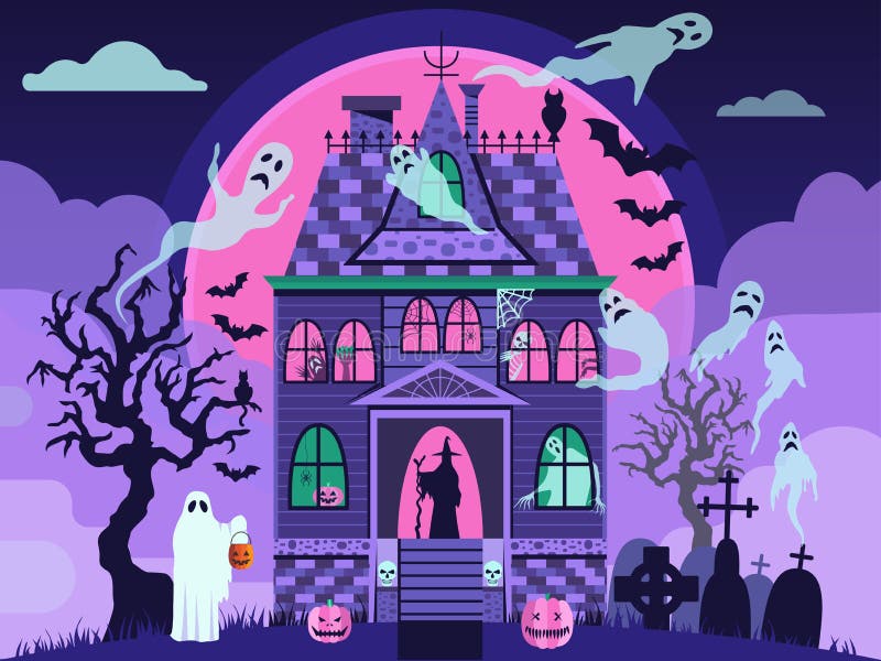 Halloween Haunted House with Monsters and Ghosts stock illustration Halloween Haunted House with Monsters and Ghosts stock illustration