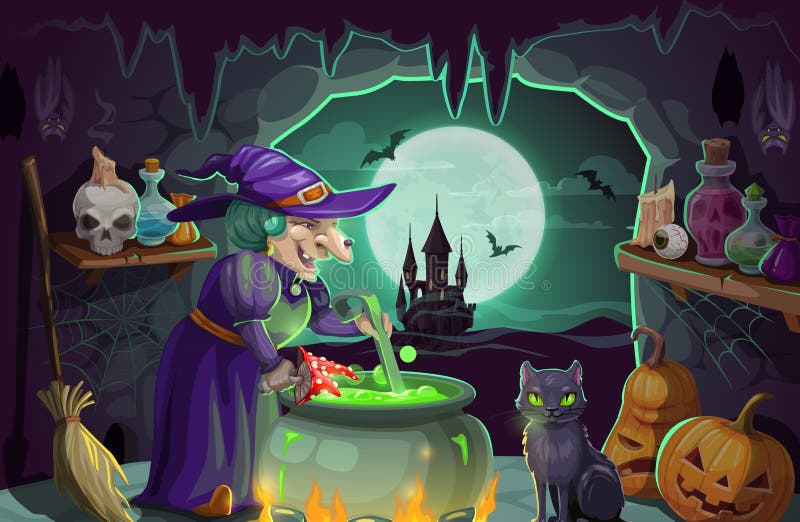 Halloween-heks met drankje en ketel