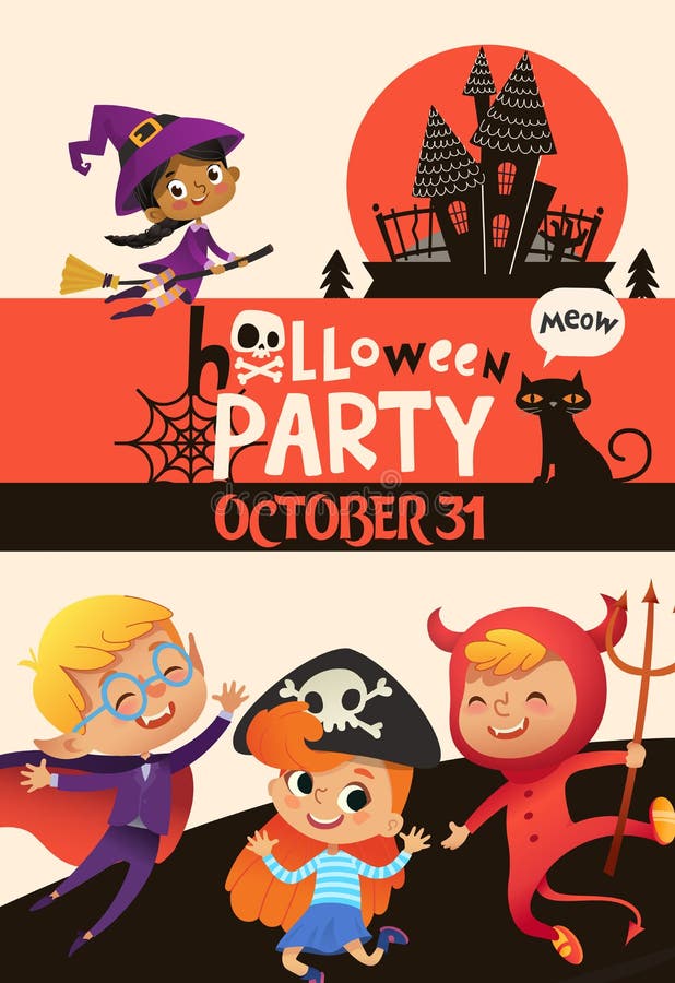 Halloween-het malplaatje van de partijuitnodiging met aanbiddelijke blije jonge geitjes gekleed in feestelijke kostuums van heks, stock illustratie Halloween-het malplaatje van de partijuitnodiging met aanbiddelijke blije jonge geitjes gekleed in feestelijke kostuums van heks, stock illustratie