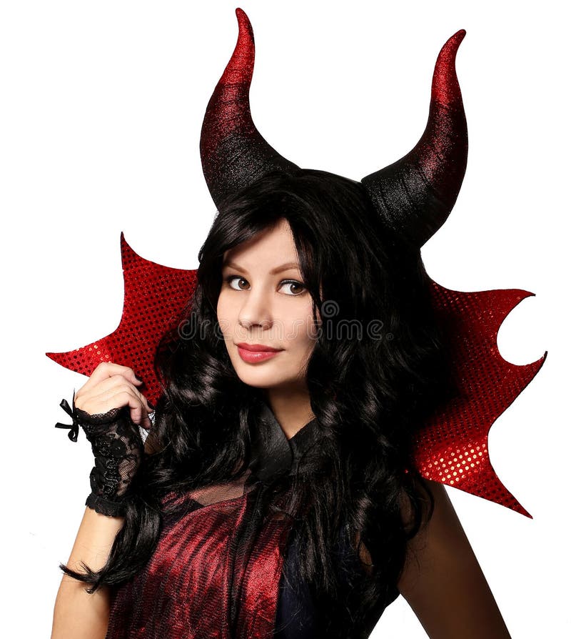 Halloween Het mooie meisje met hoornen kleedde zich omhoog als duivel royalty-vrije stock afbeelding Halloween Het mooie meisje met hoornen kleedde zich omhoog als duivel royalty-vrije stock afbeelding