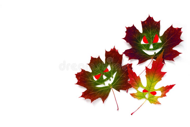 Halloween-Hintergrund - farbige Herbstahornblätter in Form von Gesichtern mit roten Augen Weißer Hintergrund Getrennt lizenzfreies stockbild Halloween-Hintergrund - farbige Herbstahornblätter in Form von Gesichtern mit roten Augen Weißer Hintergrund Getrennt lizenzfreies stockbild