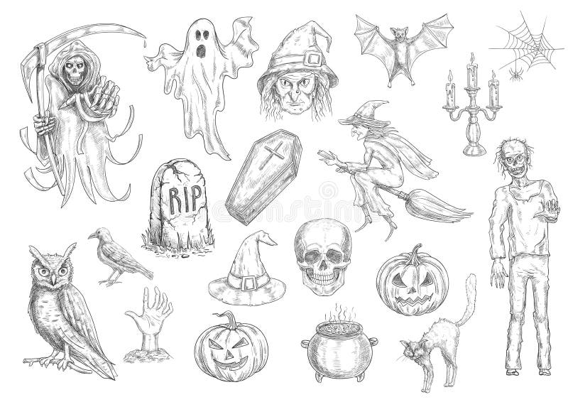 Halloween holiday creepy and horror sketch symbols