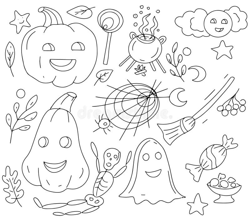 Vetor do Stock: Coloring page. Black and white vector illustration with  happy pumpkin in witch hat. Lettering `Happy Halloween`.