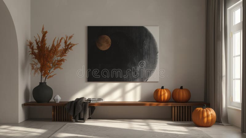 Halloween home decor, stylish and modern halloween vibe with a monochrome palette, featuring a black abstract artwork stock photography