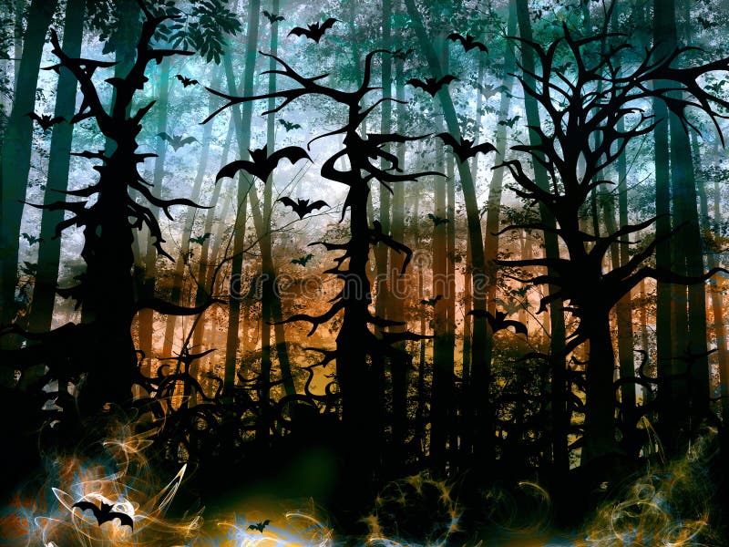Halloween horror forest with bats - dark scenery royalty free illustration
