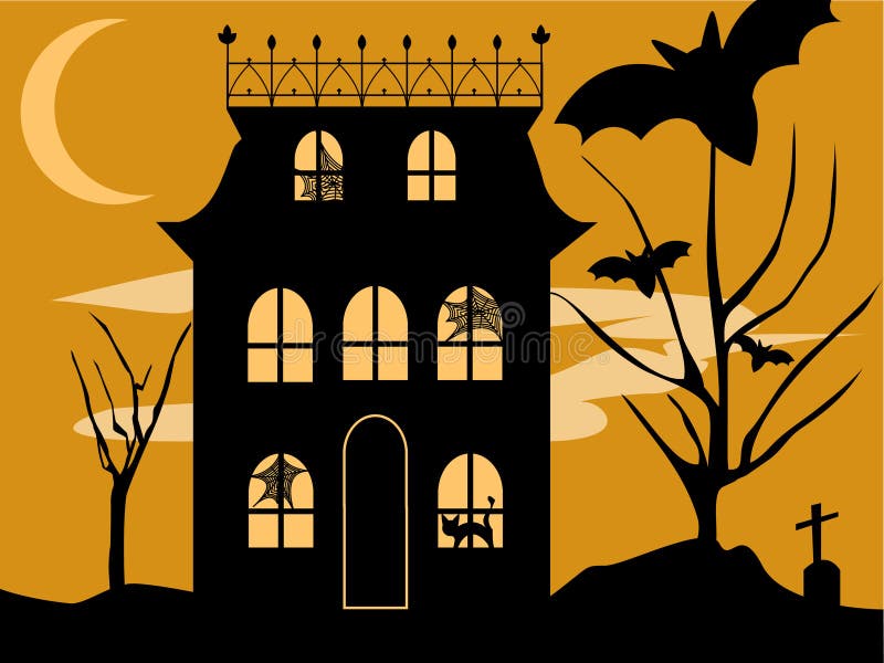 Vector Halloween haunted house with spooky spiderwebs, black cat, bats and graveyard on a moody night. Spiderwebs vectors