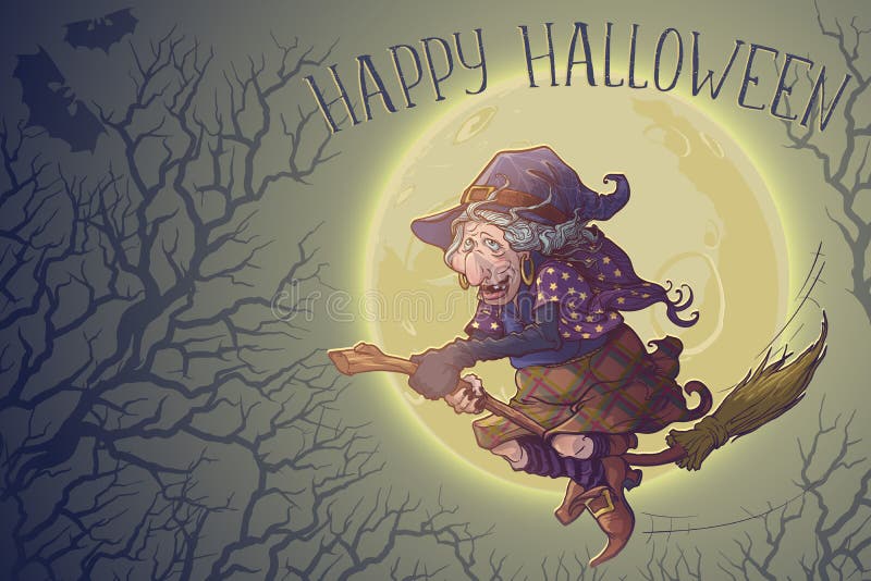 Halloween-häxan som kör igenom den månbelysta skogen av rena träd Halloween-hälsningskort stock illustrationer