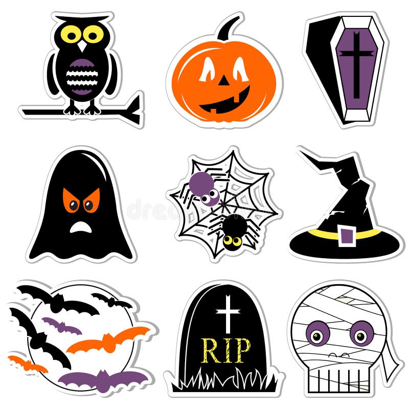 Halloween icons set in color, labels style including owl, pumpkin, coffin with cross, ghost, spider on spider web, witch hat wit