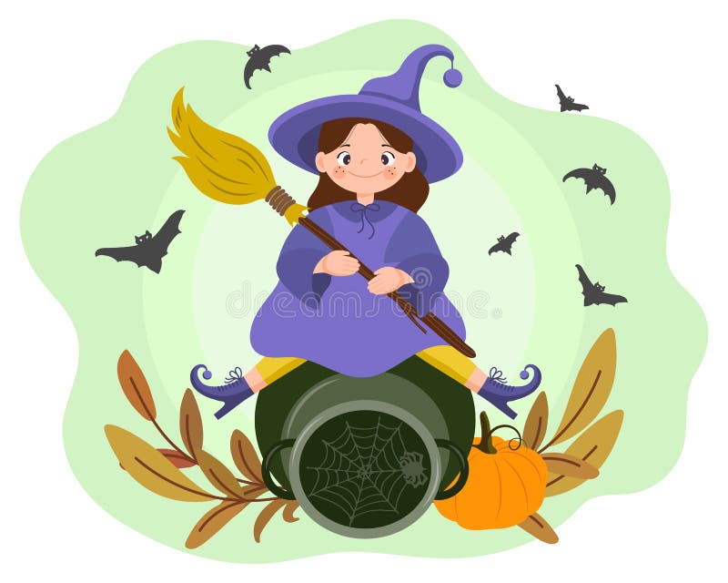 Halloween illustration, cute little cartoon witch with a broom on a magic jug, pumpkin and bats. Children\'s print vector illustration