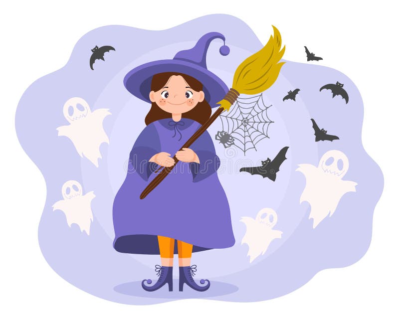 Halloween illustration, cute little cartoon witch with a broom and a spider on a cobweb, ghosts and bats. Children\'s print vector illustration