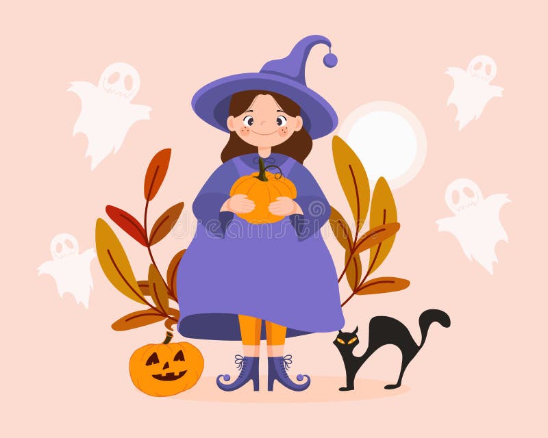 Halloween illustration, cute little cartoon witch with pumpkin, black cat and ghosts. Children\'s print vector vector illustration