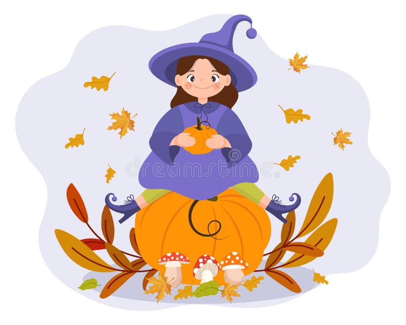 Halloween illustration, cute little cartoon witch sits on a pumpkin, fly agaric and autumn leaves. Children\'s print vector vector illustration