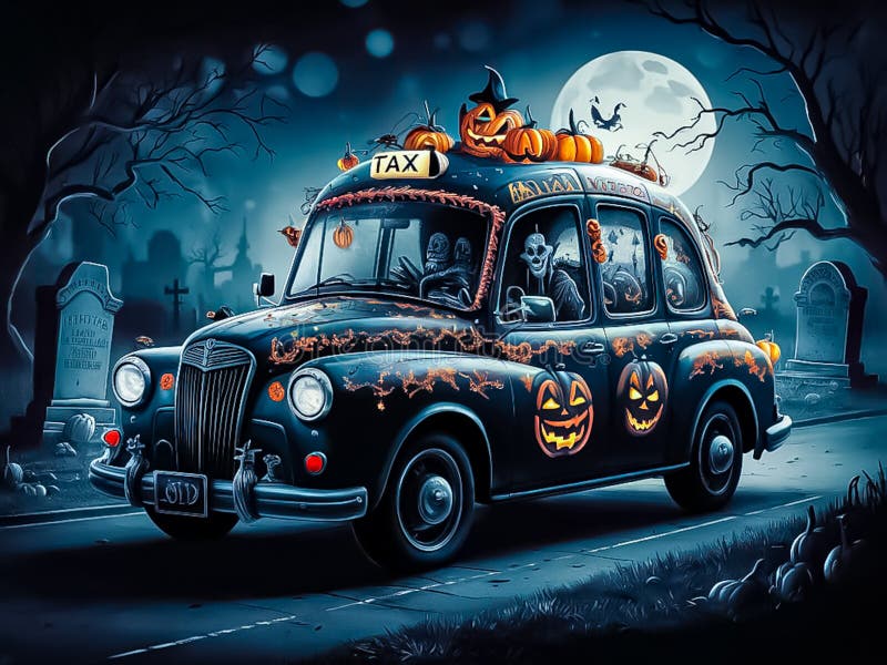 Halloween illustration of an old black taxi decorated with Halloween pumkin stock image