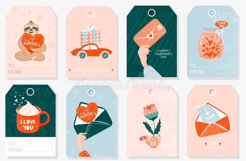 Set of Valentine Gift Tags with sloth, love letter; flowers; love drink and heart.