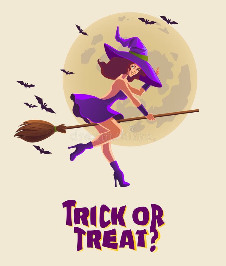 Halloween illustration with witch on broom