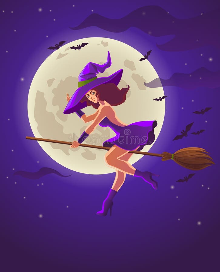 Halloween illustration with witch on broom