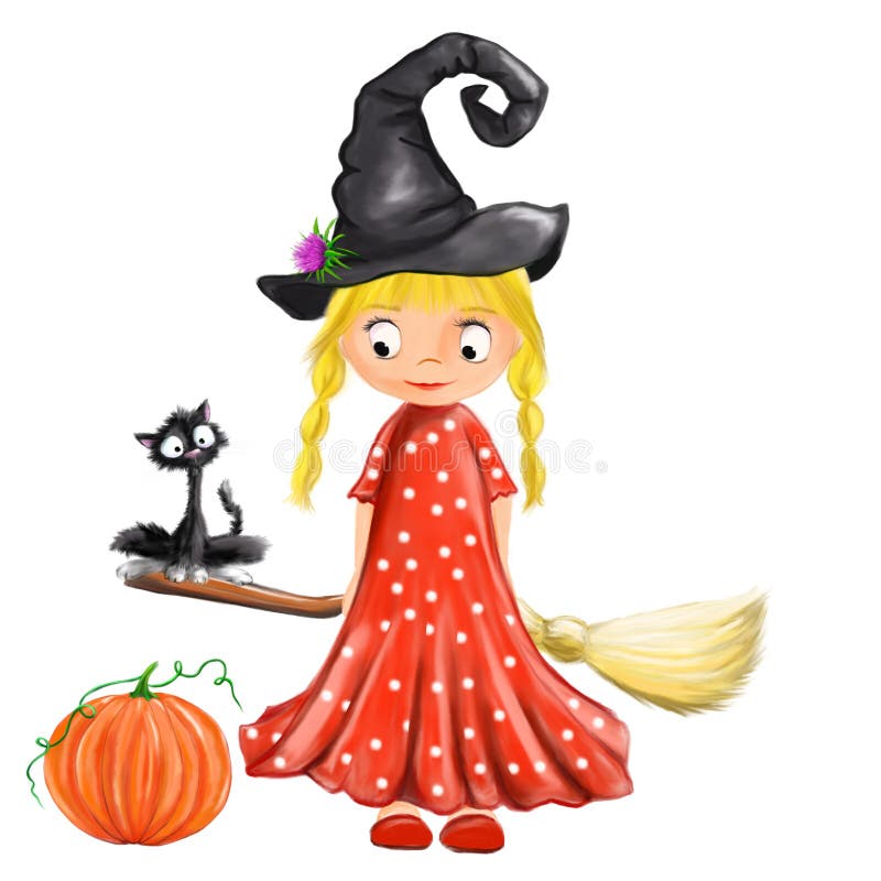 Halloween a illustré la fille mignonne de sorcière avec le balai, le chat, le chapeau et le potiron illustration stock Halloween a illustré la fille mignonne de sorcière avec le balai, le chat, le chapeau et le potiron illustration stock
