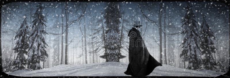 Halloween-jongen in de Winterbomen stock afbeelding Halloween-jongen in de Winterbomen stock afbeelding