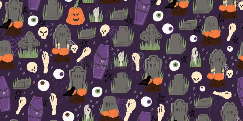 Halloween-Karikaturart-Handgezogenes nahtlose Muster mit Sarg, Grab, Zombiehand Rabe, Gewebegewebe, -Packpapier oder -netz