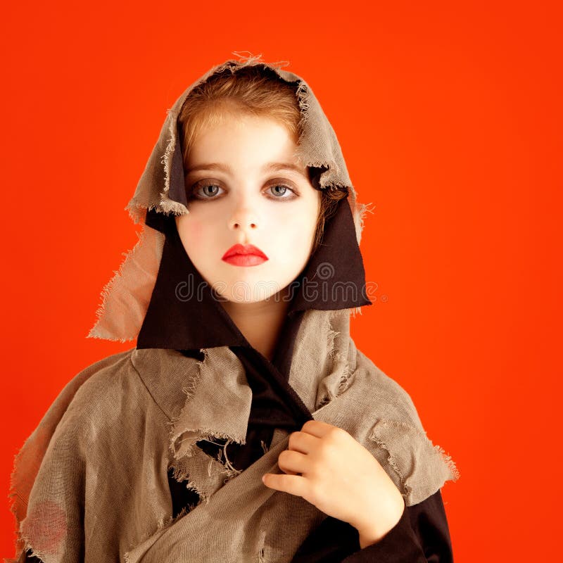 Halloween Kid Girl Costume On Orange Stock Photo  Image of party