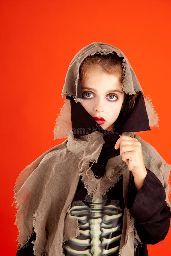 Halloween Kid Girl Costume on Orange Stock Photo  Image of childhood