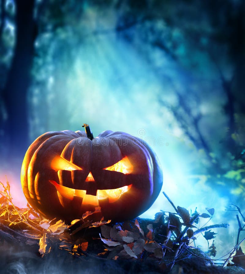 Halloween-Kürbis in einem gespenstischen Wald nachts lizenzfreie stockfotografie Halloween-Kürbis in einem gespenstischen Wald nachts lizenzfreie stockfotografie