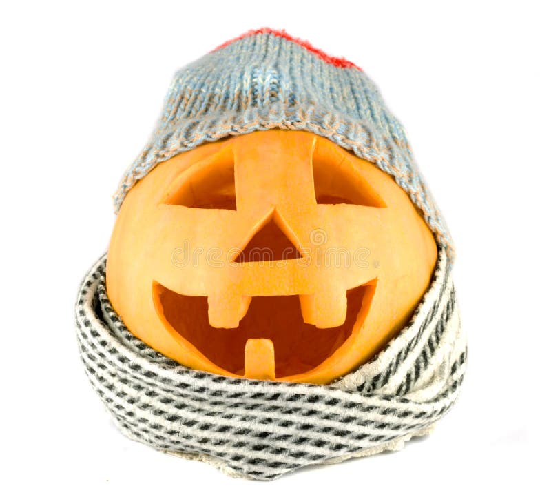 Halloween-Kürbisgesicht mit Hut und Schal stockfoto Halloween-Kürbisgesicht mit Hut und Schal stockfoto