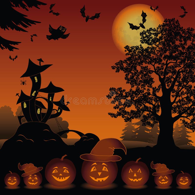 Halloween landscape with pumpkins Jack-o-lantern