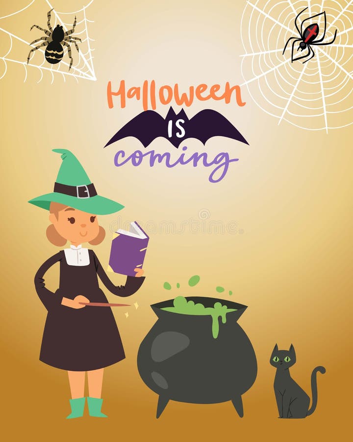 Halloween little witch making magic potion vector illustration. Cartoon girl kid in halloween costume with black cat and stock illustration Halloween little witch making magic potion vector illustration. Cartoon girl kid in halloween costume with black cat and stock illustration