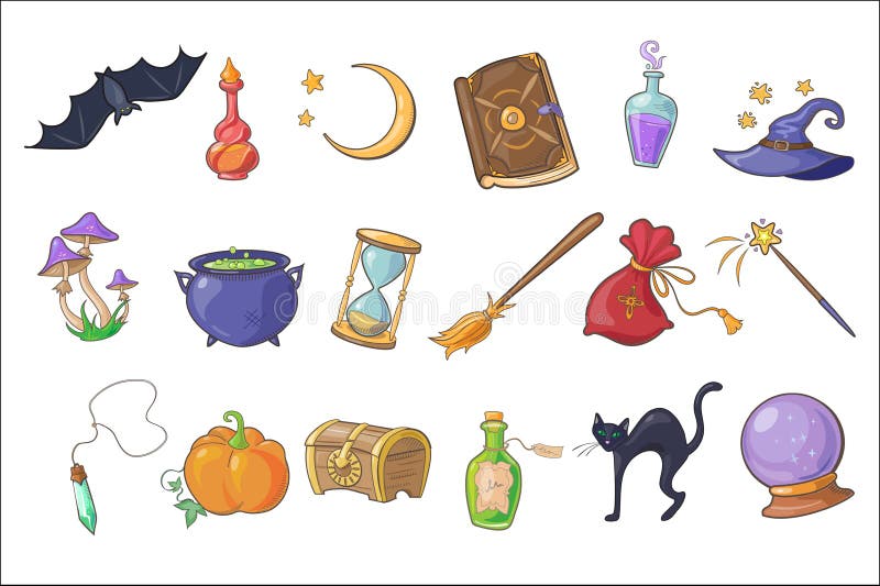 Halloween magic signs set, wizard hat, magic book, potion, broom, crystal ball, chest, hourglass, pumpkin, bat vector