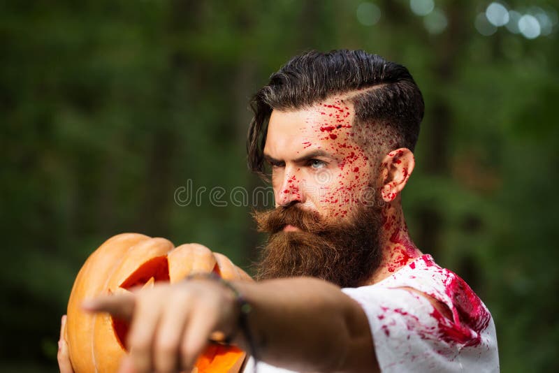 Halloween Man With Pumpkin And Blood Stock Photo Image Of