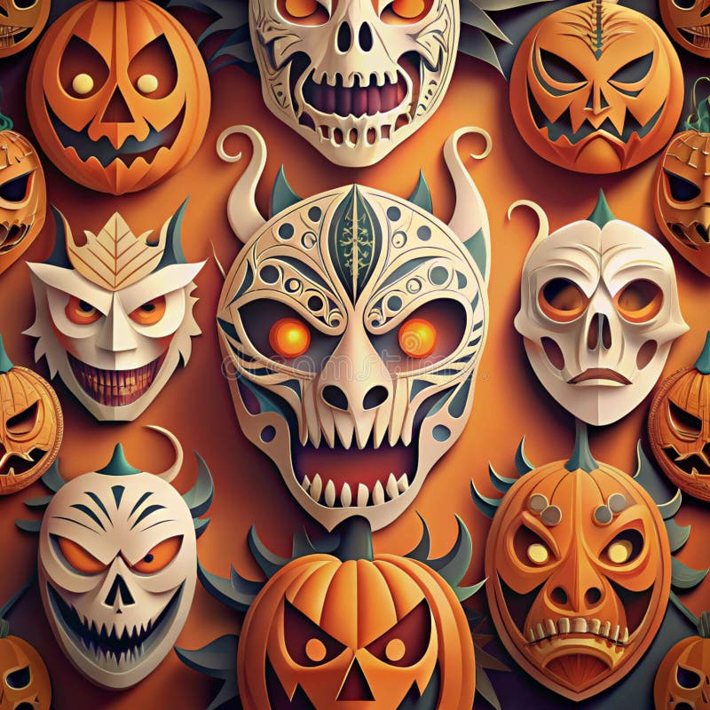 Halloween mask design with pumpkins. Various spooky masks, intricate details, and glowing eyes royalty free stock images