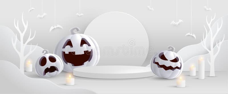 Halloween minimalistisch weißes Thema Produkt-Display-Podium auf Papier Grafik Hintergrund mit Gruppe 3D-Illustrationsbuchse oder vektor abbildung