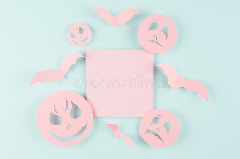 Halloween mock up with pink blank sale label, bats, spooky faces emoji of cut paper on pastel trendy mint blue background. stock image Halloween mock up with pink blank sale label, bats, spooky faces emoji of cut paper on pastel trendy mint blue background. stock image
