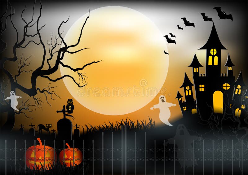 Halloween night background with pumpkin, haunted house and moon. Vector illustration
