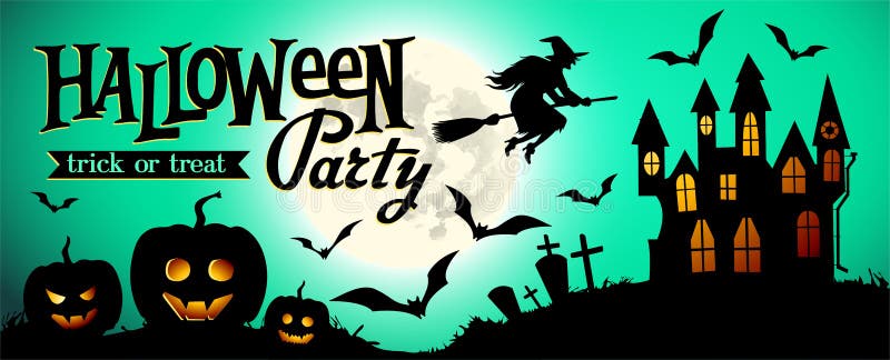 Halloween night background with pumpkin, house and full moon. Banner or invitation template for Halloween party.