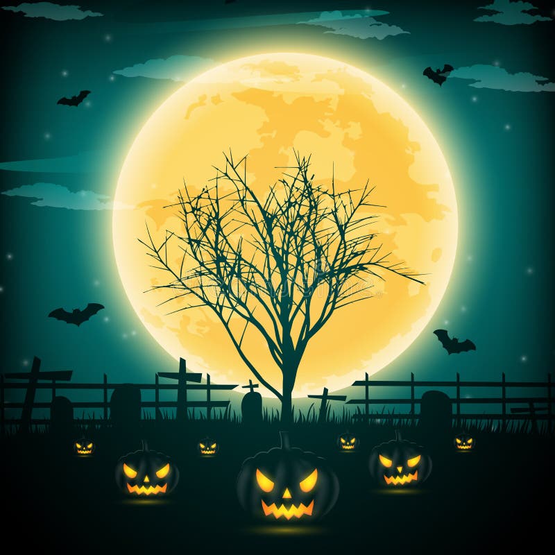 Halloween Night Background with Pumpkin, Naked Trees, Bat and Full Moon ...